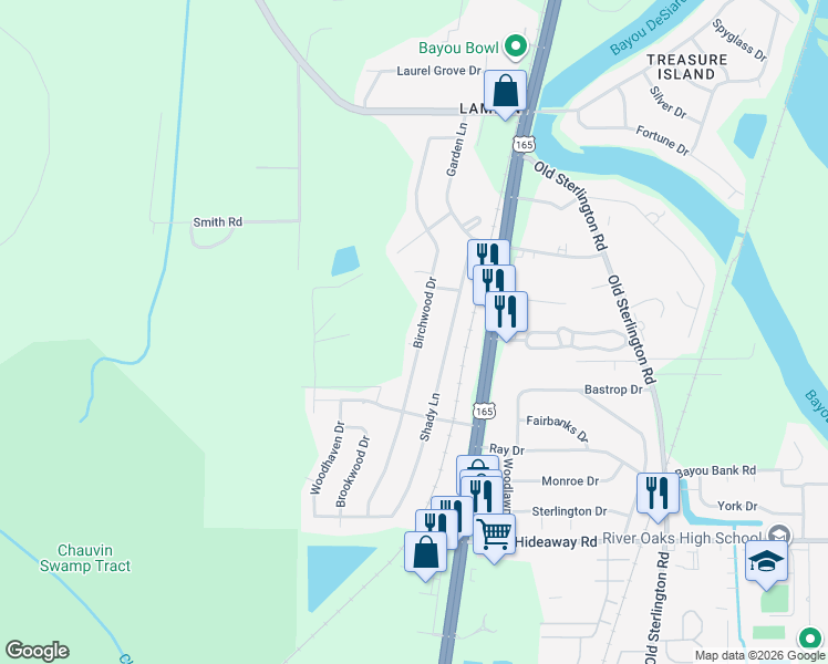map of restaurants, bars, coffee shops, grocery stores, and more near 426 Birchwood Drive in Monroe