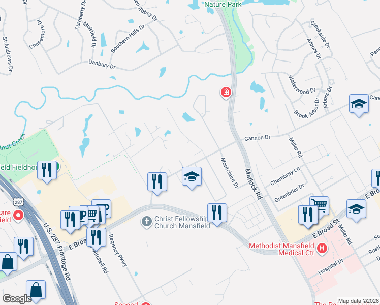 map of restaurants, bars, coffee shops, grocery stores, and more near 2 Katie Court in Mansfield