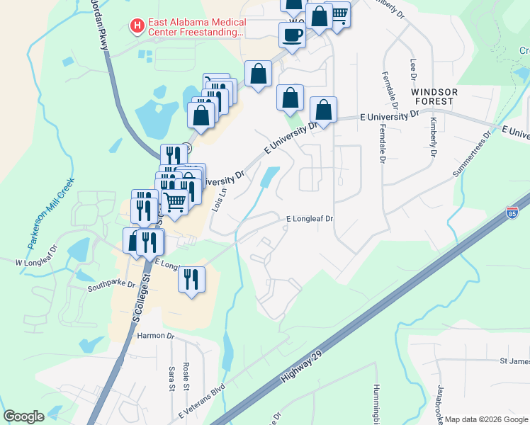 map of restaurants, bars, coffee shops, grocery stores, and more near 1753 Lois Ln in Auburn