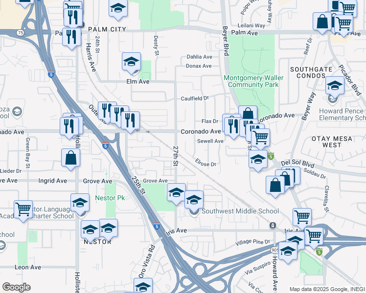 map of restaurants, bars, coffee shops, grocery stores, and more near 1148 Elrose Court in San Diego