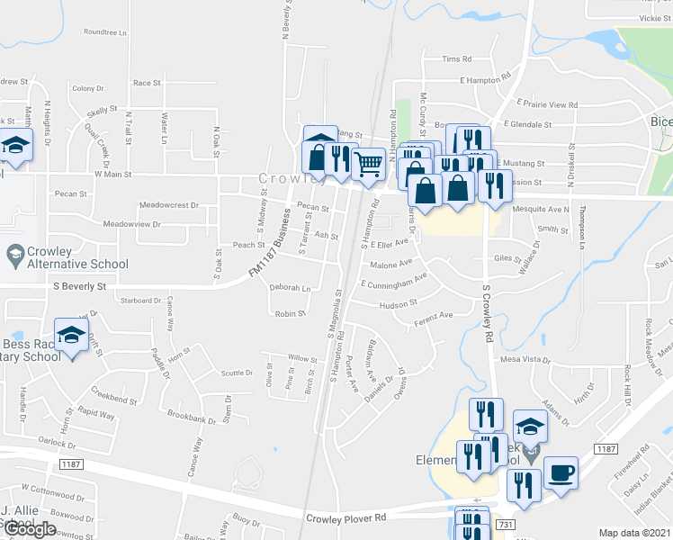 map of restaurants, bars, coffee shops, grocery stores, and more near 101 Peach Street in Crowley
