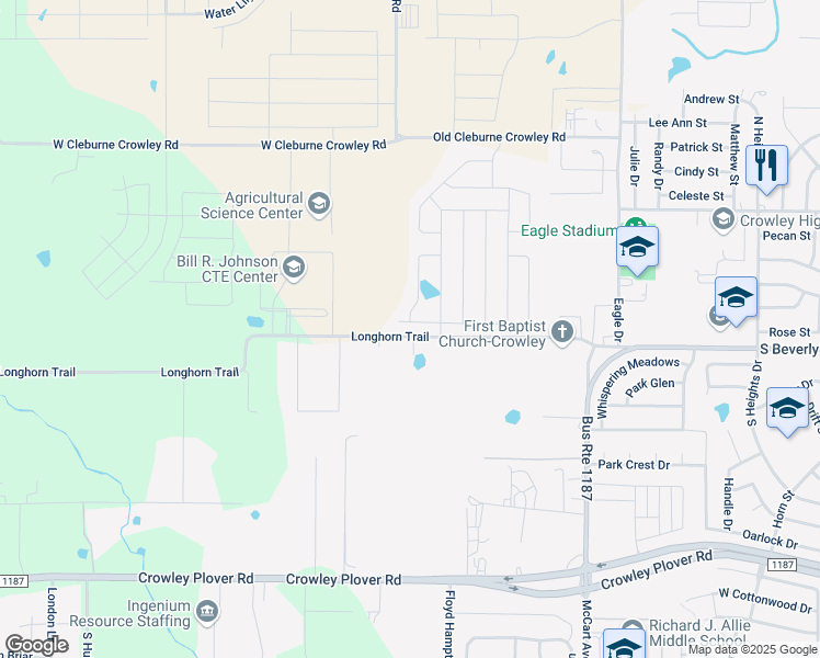 map of restaurants, bars, coffee shops, grocery stores, and more near 10222 Fort Brown Trail in Crowley