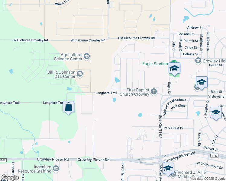 map of restaurants, bars, coffee shops, grocery stores, and more near 10222 Fort Brown Trail in Crowley