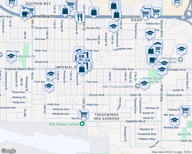 map of restaurants, bars, coffee shops, grocery stores, and more near 1162 14th Street in Imperial Beach