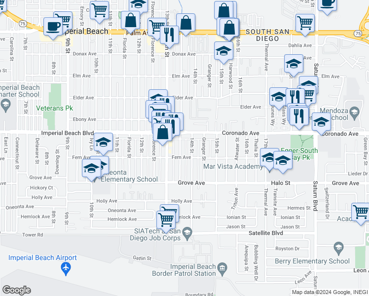 map of restaurants, bars, coffee shops, grocery stores, and more near 1165 Georgia Street in Imperial Beach