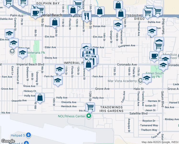map of restaurants, bars, coffee shops, grocery stores, and more near 1297 Imperial Beach Boulevard in Imperial Beach