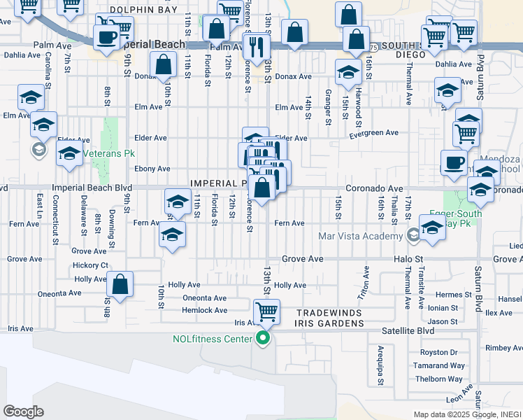 map of restaurants, bars, coffee shops, grocery stores, and more near 1297 Imperial Beach Boulevard in Imperial Beach