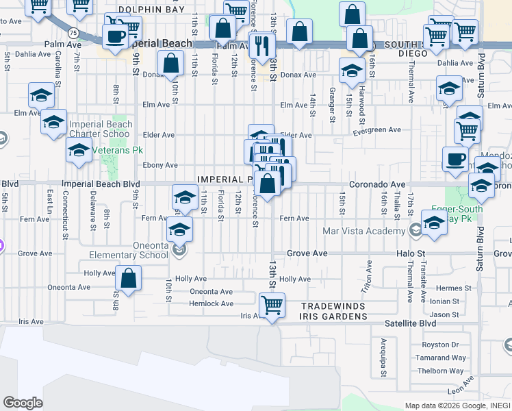 map of restaurants, bars, coffee shops, grocery stores, and more near 1297 Imperial Beach Boulevard in Imperial Beach