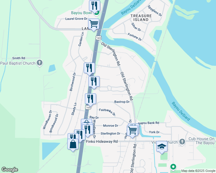 map of restaurants, bars, coffee shops, grocery stores, and more near 325 Chauvin Pointe Drive in Monroe