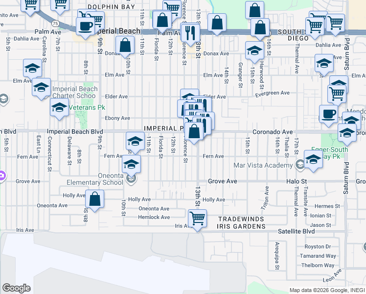 map of restaurants, bars, coffee shops, grocery stores, and more near 1297 Imperial Beach Boulevard in Imperial Beach
