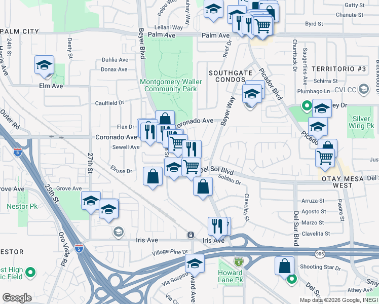 map of restaurants, bars, coffee shops, grocery stores, and more near 1174 Camino Donaire in San Diego