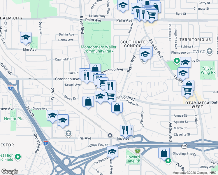 map of restaurants, bars, coffee shops, grocery stores, and more near 1174 Camino Donaire in San Diego