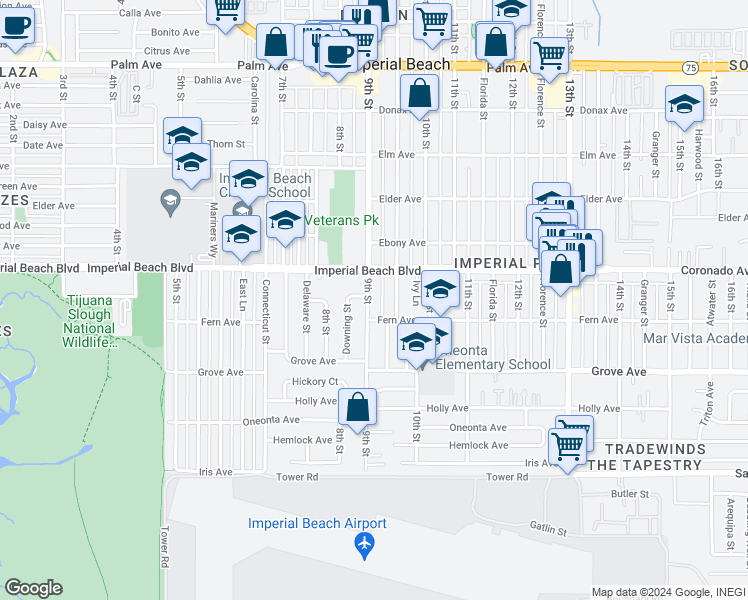 map of restaurants, bars, coffee shops, grocery stores, and more near 1161 9th Street in Imperial Beach