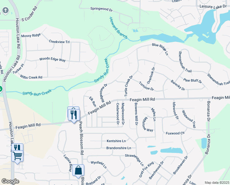 map of restaurants, bars, coffee shops, grocery stores, and more near 108 Yorkshire Way in Warner Robins