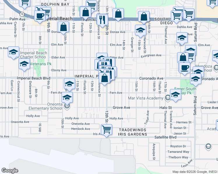 map of restaurants, bars, coffee shops, grocery stores, and more near 1163 Georgia Street in Imperial Beach