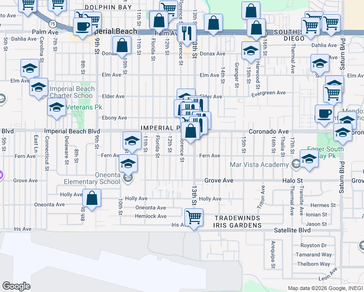 map of restaurants, bars, coffee shops, grocery stores, and more near 1297 Imperial Beach Boulevard in Imperial Beach
