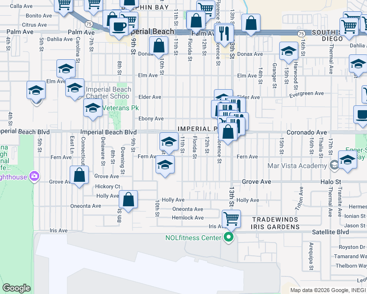 map of restaurants, bars, coffee shops, grocery stores, and more near 1166 Florida Street in Imperial Beach