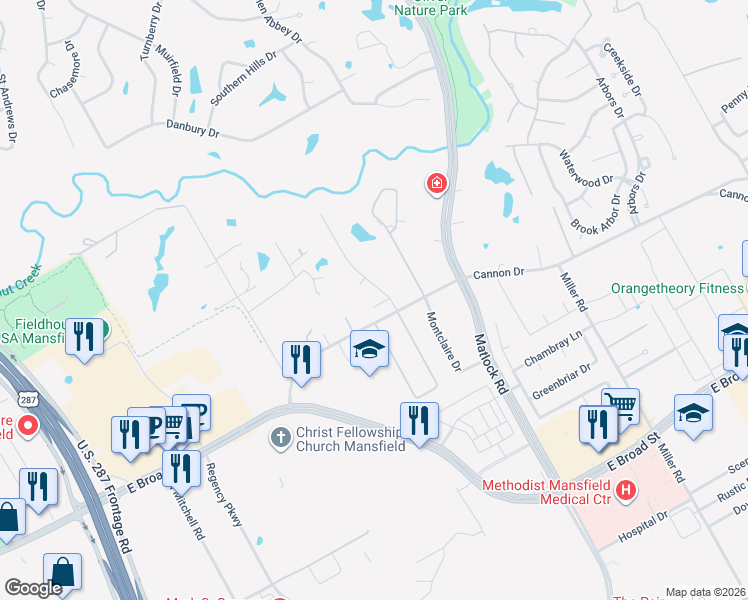 map of restaurants, bars, coffee shops, grocery stores, and more near 2 Katie Ct in Mansfield