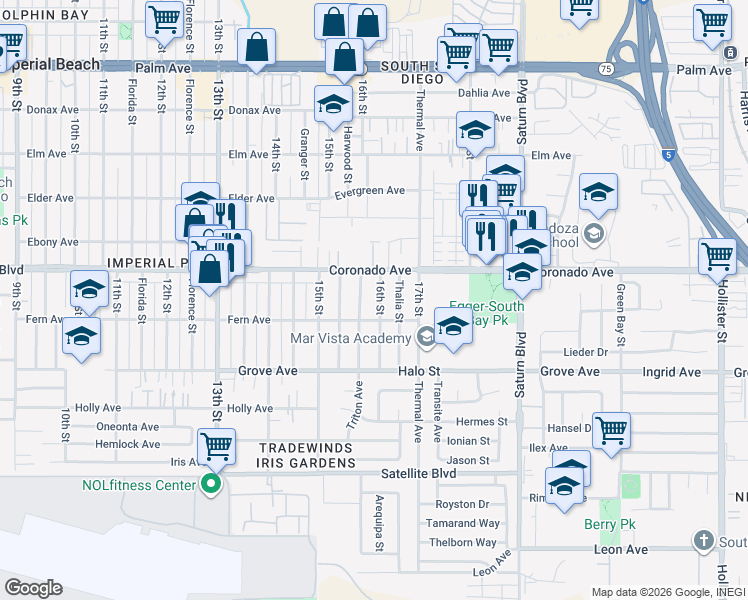map of restaurants, bars, coffee shops, grocery stores, and more near 1166 16th Street in San Diego