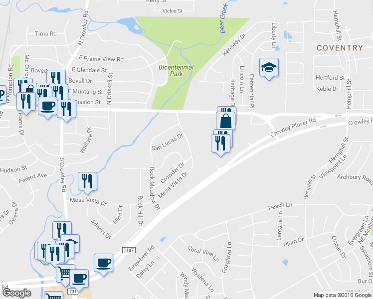 map of restaurants, bars, coffee shops, grocery stores, and more near 485 Mesa Vista Dr in Crowley