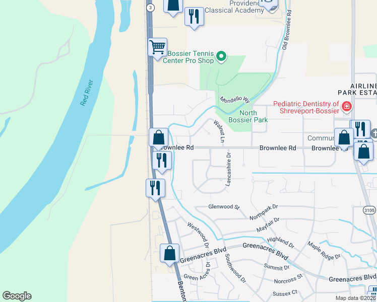 map of restaurants, bars, coffee shops, grocery stores, and more near 2304 Brownlee Road in Bossier City