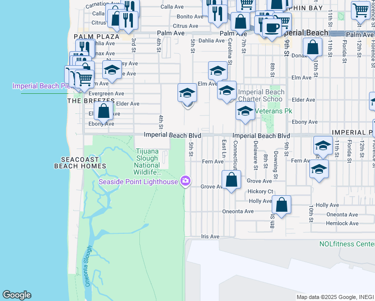 map of restaurants, bars, coffee shops, grocery stores, and more near 1162 5th Street in Imperial Beach