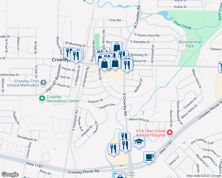 map of restaurants, bars, coffee shops, grocery stores, and more near 316 Wallace Drive in Crowley