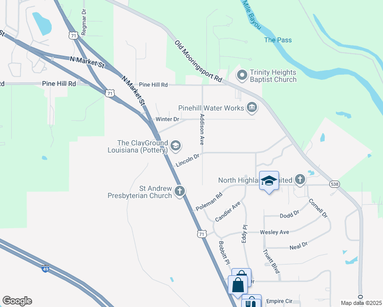 map of restaurants, bars, coffee shops, grocery stores, and more near 906 Lincoln Drive in Shreveport