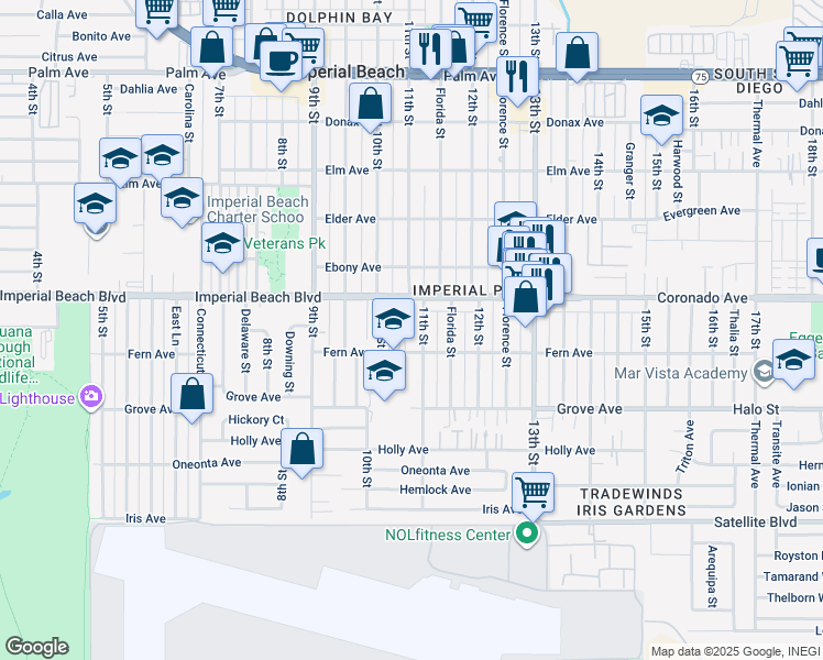 map of restaurants, bars, coffee shops, grocery stores, and more near 1150 11th Street in Imperial Beach