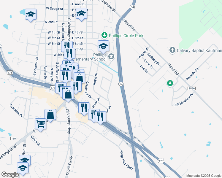 map of restaurants, bars, coffee shops, grocery stores, and more near 1325 Main Street in Kaufman