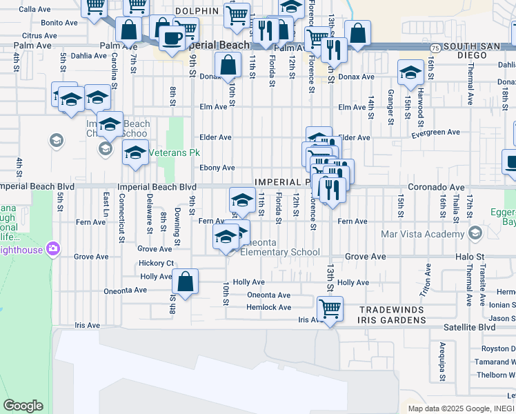 map of restaurants, bars, coffee shops, grocery stores, and more near 1037-1097 Imperial Beach Boulevard in Imperial Beach