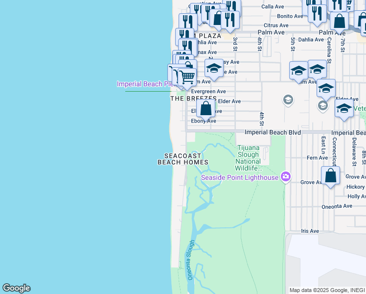 map of restaurants, bars, coffee shops, grocery stores, and more near 1160 Seacoast Drive in Imperial Beach
