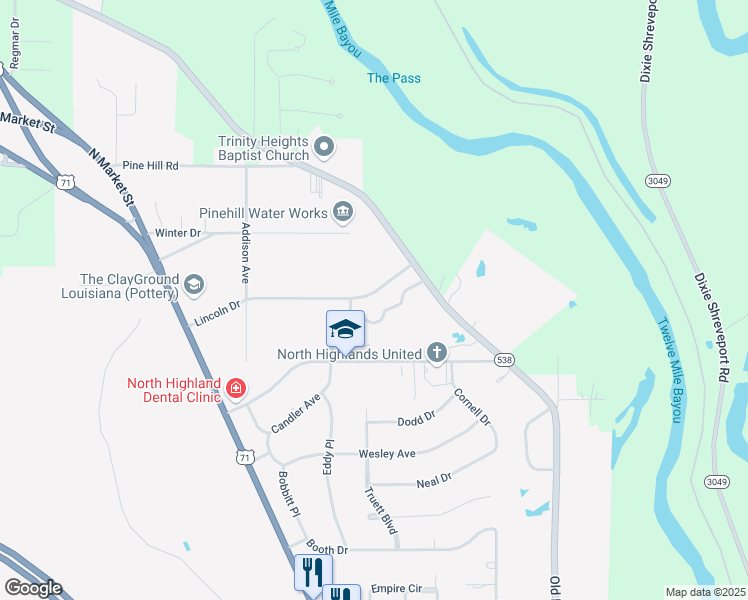 map of restaurants, bars, coffee shops, grocery stores, and more near 737 Lincoln Dr in Shreveport