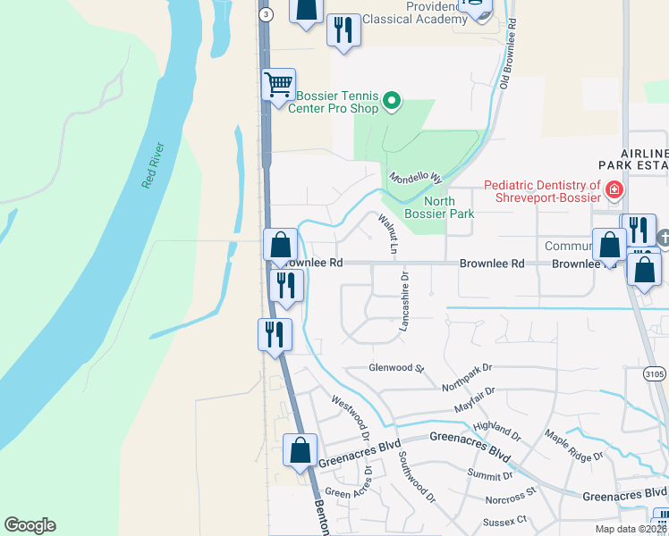 map of restaurants, bars, coffee shops, grocery stores, and more near 2300 Brownlee Road in Bossier City