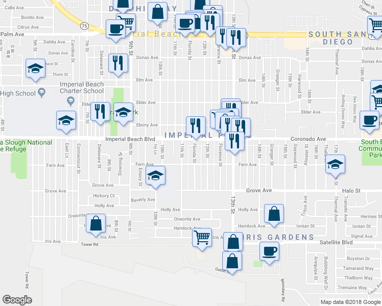 map of restaurants, bars, coffee shops, grocery stores, and more near 1166 Florida Street in Imperial Beach