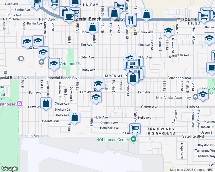 map of restaurants, bars, coffee shops, grocery stores, and more near 1166 Florida Street in Imperial Beach