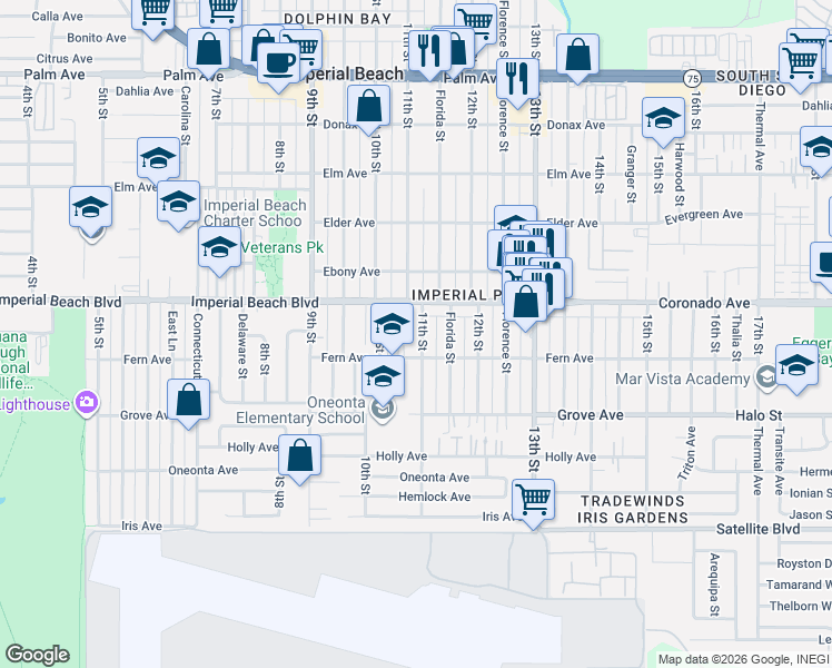 map of restaurants, bars, coffee shops, grocery stores, and more near 1037-1097 Imperial Beach Boulevard in Imperial Beach