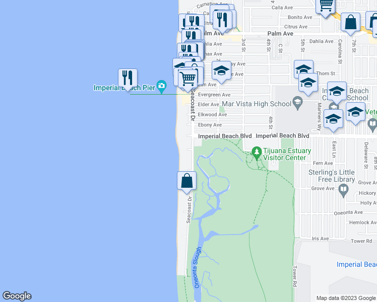 map of restaurants, bars, coffee shops, grocery stores, and more near 1160 Seacoast Drive in Imperial Beach