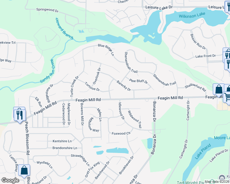 map of restaurants, bars, coffee shops, grocery stores, and more near 302 Tortoise Way in Warner Robins