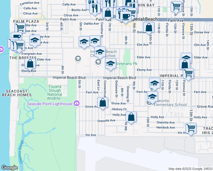 map of restaurants, bars, coffee shops, grocery stores, and more near 1131 Connecticut Street in Imperial Beach