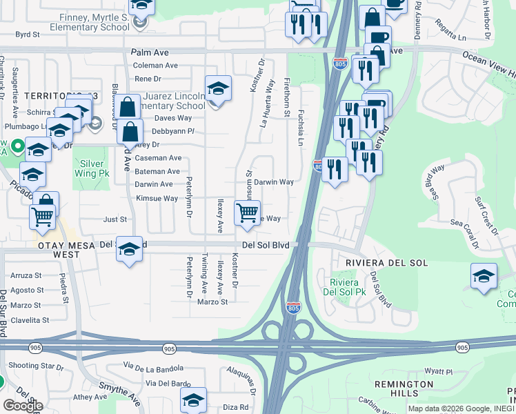 map of restaurants, bars, coffee shops, grocery stores, and more near 1168 Nevin Street in San Diego