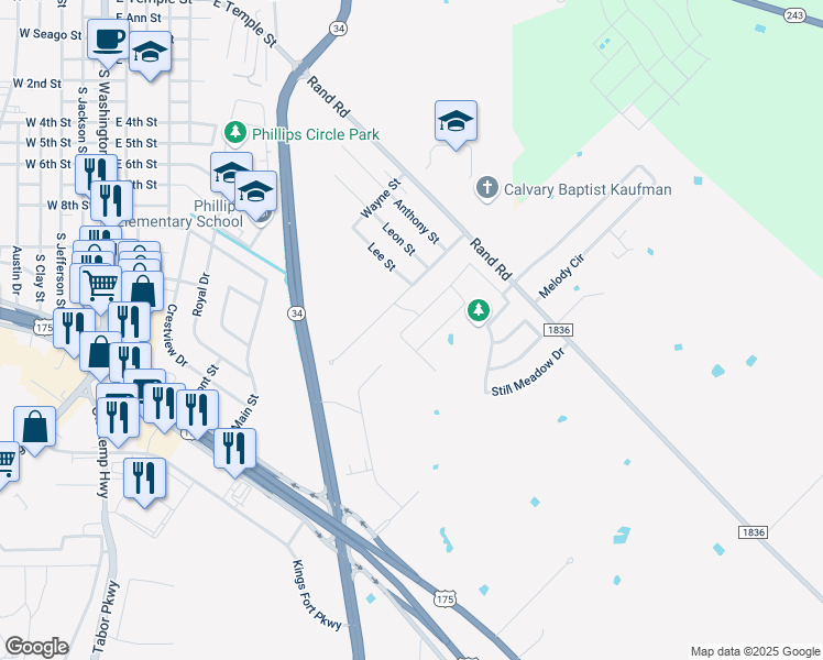 map of restaurants, bars, coffee shops, grocery stores, and more near 2001 Elizabeth Street in Kaufman