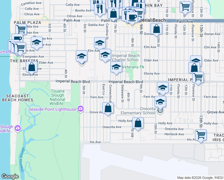 map of restaurants, bars, coffee shops, grocery stores, and more near 1131 Connecticut Street in Imperial Beach