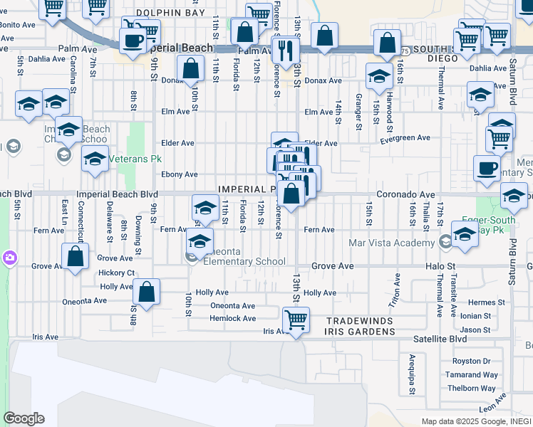 map of restaurants, bars, coffee shops, grocery stores, and more near 1151 12th Street in Imperial Beach