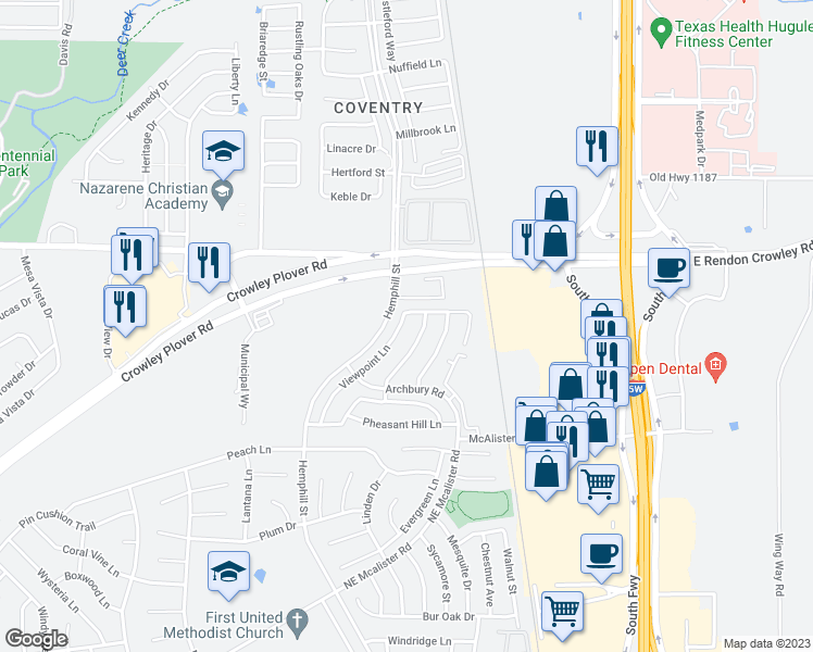 map of restaurants, bars, coffee shops, grocery stores, and more near 12513 Viewpoint Lane in Burleson