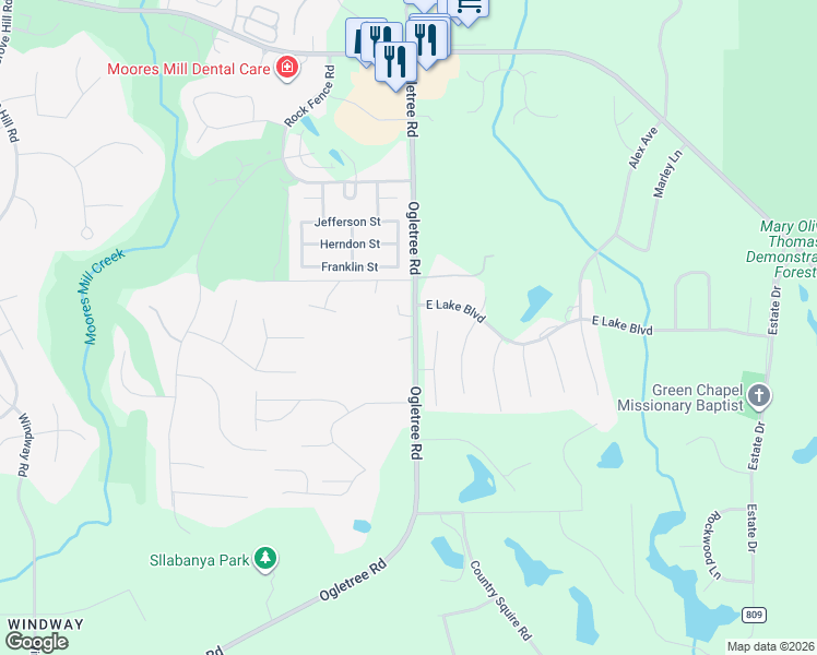 map of restaurants, bars, coffee shops, grocery stores, and more near 1409 Ogletree Road in Auburn