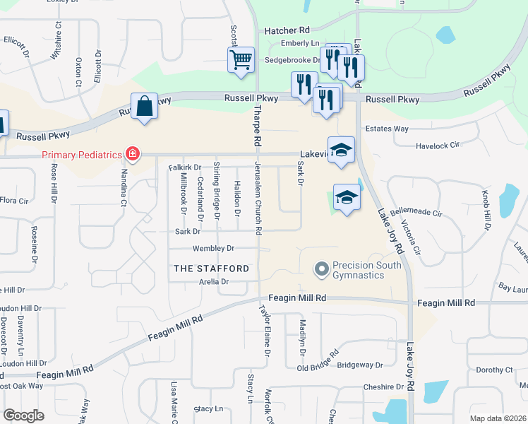 map of restaurants, bars, coffee shops, grocery stores, and more near 219 Jerusalem Church Road in Warner Robins