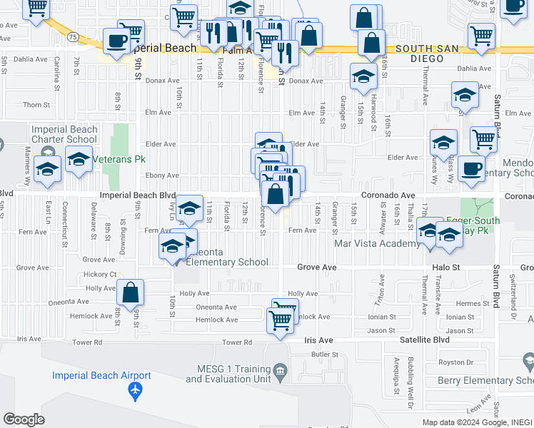 map of restaurants, bars, coffee shops, grocery stores, and more near 1147 Florence Street in Imperial Beach