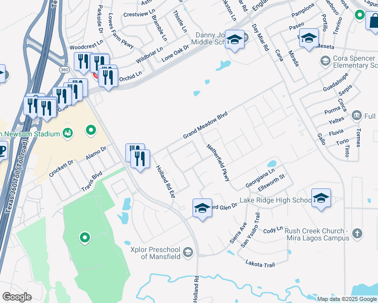 map of restaurants, bars, coffee shops, grocery stores, and more near 4405 Vista Glen Court in Mansfield