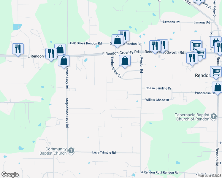 map of restaurants, bars, coffee shops, grocery stores, and more near 205 East Brian Street in Burleson